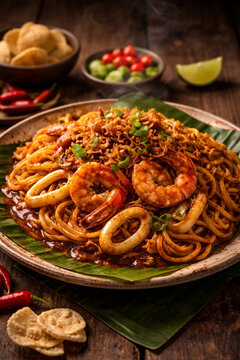 Authentic Indonesian Mie Aceh Seafood, thick noodles in rich spicy dark red curry sauce with prawns and squid, served on a banana leaf with lime and pickle, traditional Acehnese dish, cinematic food p