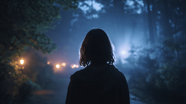 A lone figure stands silhouetted against a mysterious, foggy night scene with blurred lights in the background. The atmosphere is eerie and uncertain