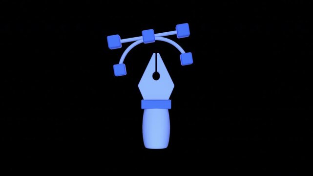 A 3D illustration of a blue pen tool with bezier curve handles against a black background, symbolizing graphic design and vector art creation.