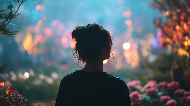 A woman stands gazing at a magical garden filled with illuminated flowers and a bokeh effect, evoking a sense of wonder and enchantment