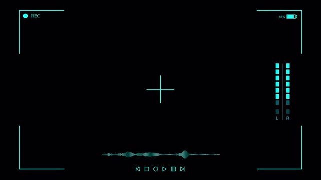 Futuristic Camera HUD Animation with Audio Waveform and Crosshair, Digital Recording Interface Overlay Loop