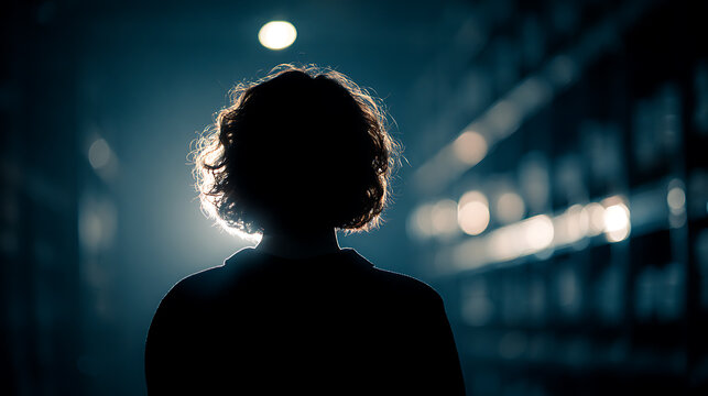 Silhouette of a person's head against a bright light, casting a shadow. The person has curly hair and is facing away from the camera.