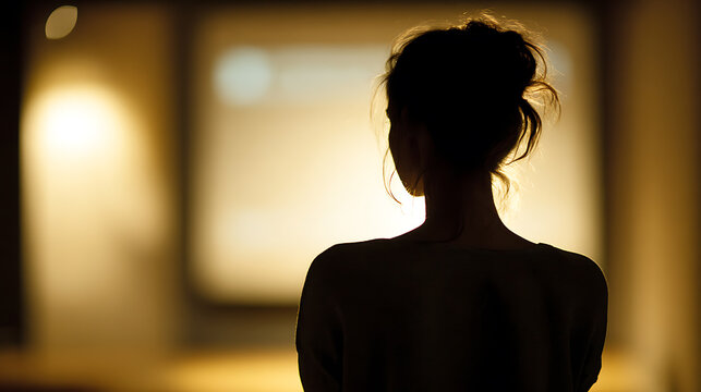 A woman&rsquo;s silhouette is seen from behind, facing a projection screen or large display, evoking introspection or anticipation