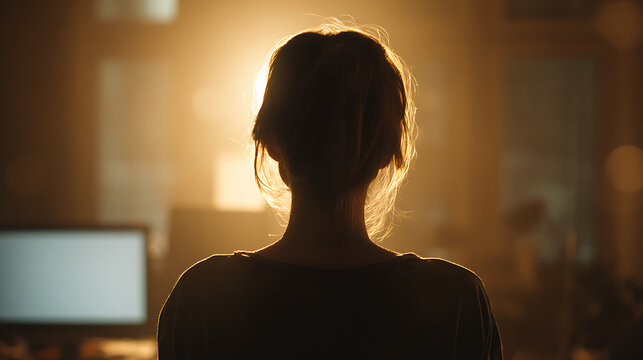 A woman with her back to the camera, bathed in warm, soft light, looking towards a glowing computer screen. The atmosphere is serene and contemplative