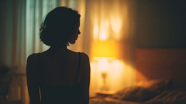 A silhouette of a woman with short hair standing in a dimly lit room, her back turned to the viewer. A warm glow emanates from a lamp in the background.