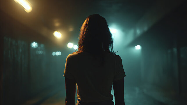 A lone woman walks down a dimly lit, mysterious tunnel, her back to the viewer, creating an atmosphere of suspense and introspection