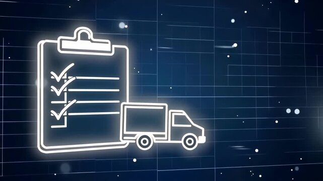 Digital clipboard with checklist and delivery truck representing logistics management and task tracking system