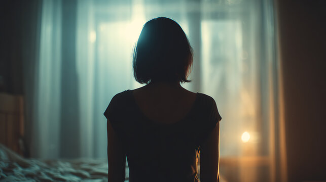 Silhouette of a woman standing near a window, looking outside as the sun sets. The mood is contemplative and peaceful