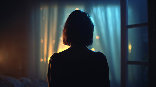 A silhouetted woman stands in front of a window with soft, ambient lighting. The atmosphere is serene and introspective, with blurred fairy lights creating a bokeh effect in the background