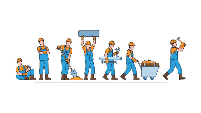 Construction worker's progression: Illustrative scene of a construction worker engaged in various tasks. A worker is showing the different stages of the construction process.