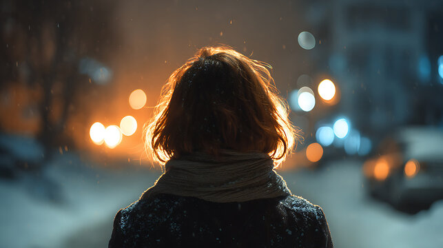 A woman standing in the snow at night, with her back to the camera. The street is lit by warm, glowing streetlights, creating a serene and contemplative atmosphere