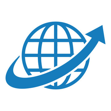Blue globe icon with arrow wrapping around it going up icon