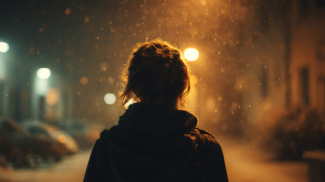 A person walks down a deserted street at night in the rain, with streetlights casting a warm glow. The scene is atmospheric and melancholic