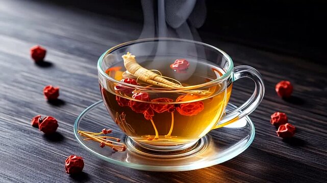 Steaming cup of traditional Asian herbal tea featuring potent ginseng root and vibrant red dates, symbolizing health, warmth, and natural wellness, served on a dark wooden surface