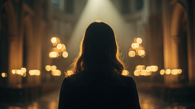 A woman stands in silhouette facing a dimly lit hall filled with flickering candlelight and a shaft of light from above. The scene evokes a sense of reverence and contemplation