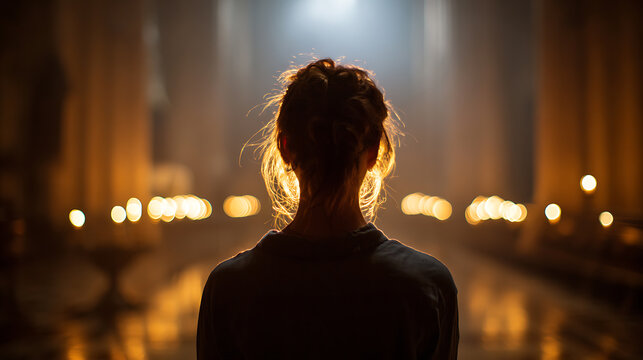 A woman from behind, bathed in the warm glow of a distant light source, stands in an ornate hall with blurred golden lights in the background. Her hair is styled in a bun.