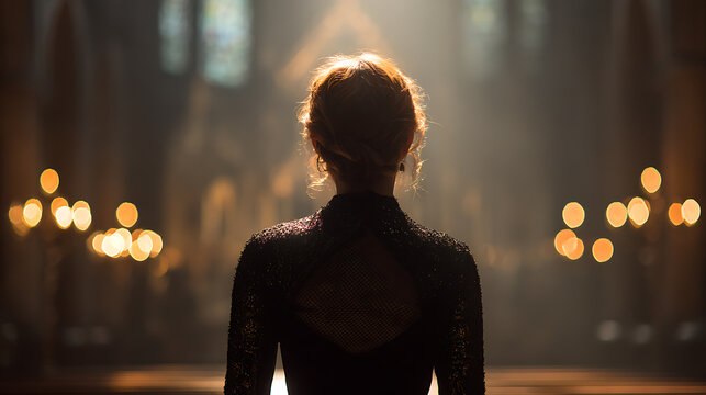 A woman stands with her back to the camera, bathed in a warm spotlight in a dimly lit, ornate hall. Soft bokeh lights twinkle in the background, creating a sense of anticipation and mystery