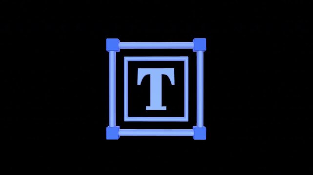 A blue letter T inside a square with blue corner markers on a black background.