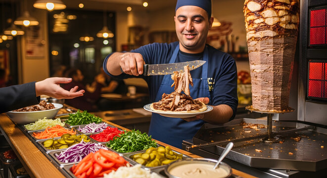 Chef preparing a traditional meat wrap at a busy food stall at night