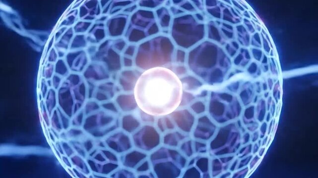 A glowing orb with intricate patterns and electrical energy discharges emanates light