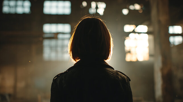 A woman stands silhouetted against a bright light filtering through windows in a derelict industrial building, her back to the camera. The shafts of light illuminate dust motes in the air.