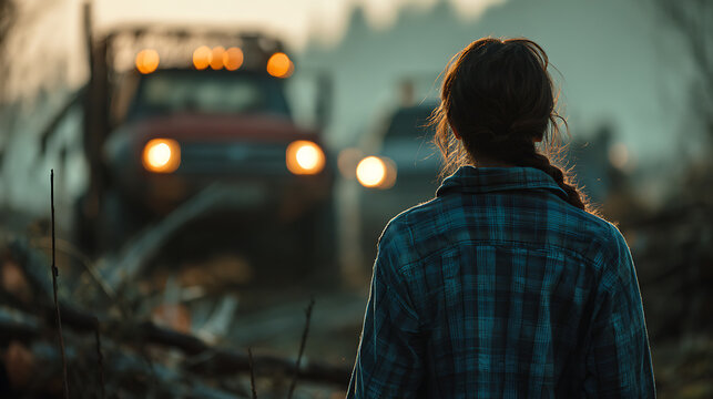 A young woman with braided hair stands facing away, looking towards two off-road vehicles with their headlights illuminated on a dirt path, surrounded by fallen logs.