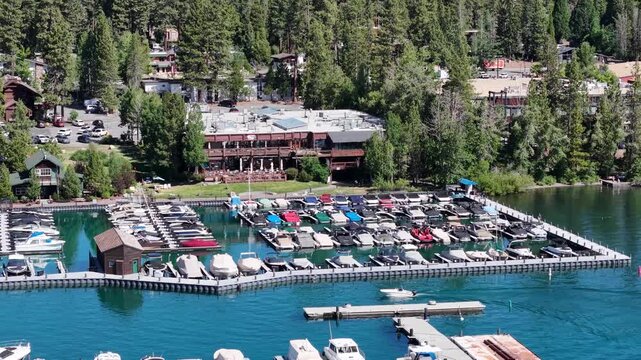 Aerial Drone View of Donner Lake Marina with Boats and Outdoor Beach Market California Tahoe
