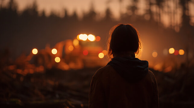 A person gazes at a deforestation site at dusk, with heavy machinery operating amongst felled trees, casting an orange glow
