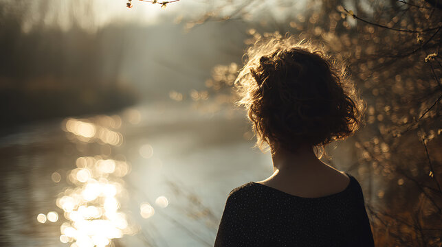A woman stands with her back to the camera, gazing at a sun-drenched river with soft light filtering through the trees. The gentle morning light illuminates her curly hair.