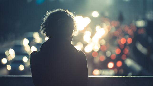 A person standing on a bridge at night, looking at the blurred lights of traffic on a highway below. The image conveys a sense of contemplation and urban solitude