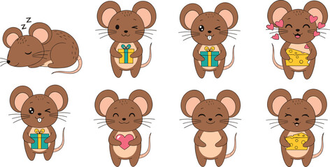 Fototapeta premium Cute Mouse Cartoon Character Set Featuring Sleeping, Gift Holding, Love Expression, and Cheese Eating Poses for Kids Illustration, Mascot Design, and Fun Animal Collection