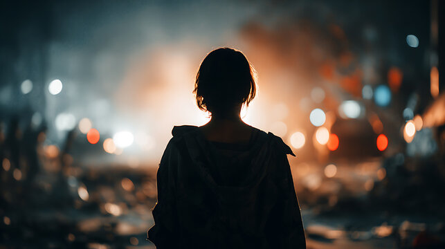 A solitary figure stands with their back to the camera, gazing into a blurry, atmospheric cityscape at night. The scene is illuminated by soft.