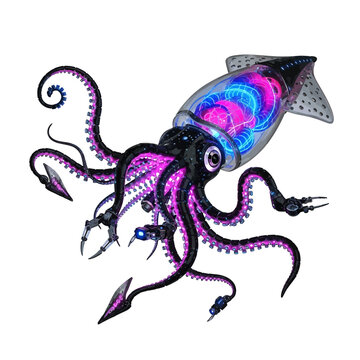 Cybernetic squid robot with neon pink blue lights tentacles sharp claws futuristic creature