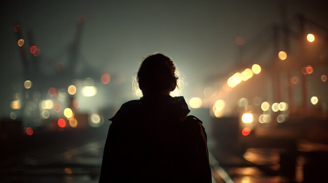 A lone figure stands with their back to the camera, silhouetted against a blurry, industrial cityscape at night.