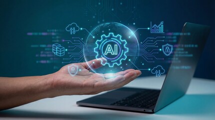 Fototapeta premium Hand holding artificial intelligence interface with laptop and digital data network technology concept