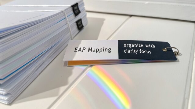 EAP Mapping Tag with Rainbow Reflection on Surface, Organizing Clarity and Focus in Professional Work Environment