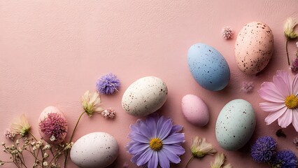 Obraz premium Pastel Easter eggs and delicate flowers arranged on a soft pink background, creating a beautiful and serene spring celebration