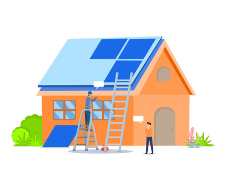 Man talking to technician installing solar panels on the roof of house for concept solar cells, clean energy, renewable energy technology and environmental. Vector people sustainable development, ESG 