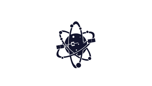 Black and white atom illustration with orbiting electrons on white background.