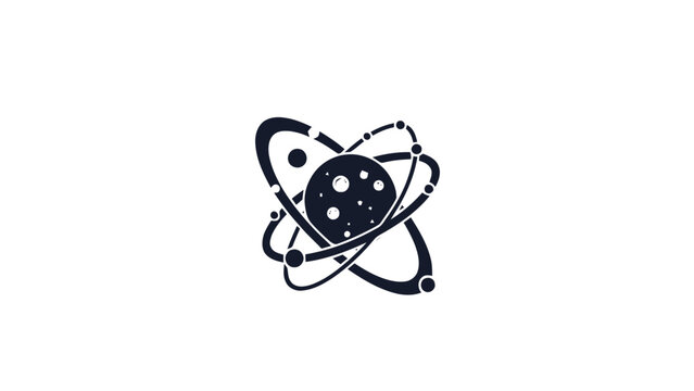 Black and white atom illustration with orbiting electrons on white background.