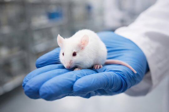 A white laboratory mouse resting on a gloved hand, showcasing its delicate features and the controlled environment of scientific research in which it is observed.