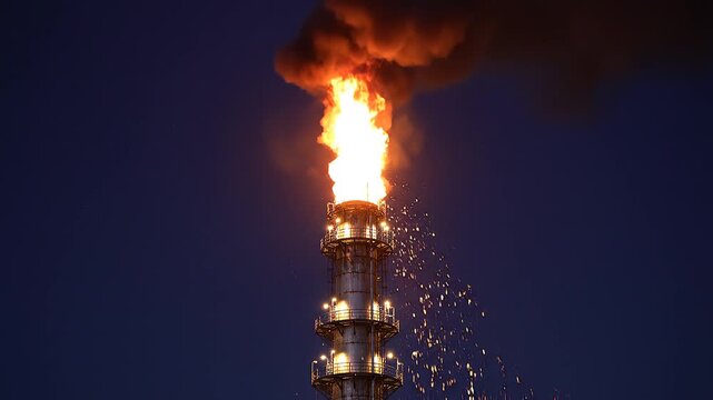 Glowing flare stack burning brilliantly against deep indigo night sky for cinematic refinery branding