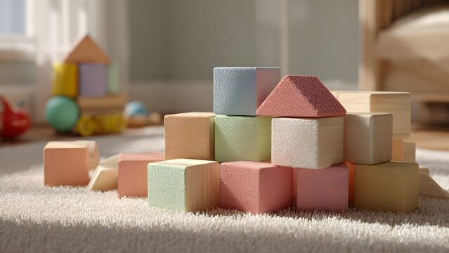 Colorful wooden toy blocks stacked and scattered on the floor like small cubes building a playful pile
