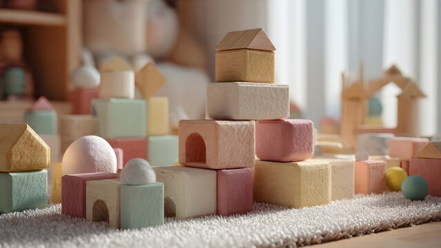 Baby boy playing with wooden toy blocks on the floor in a clean spa-like setting