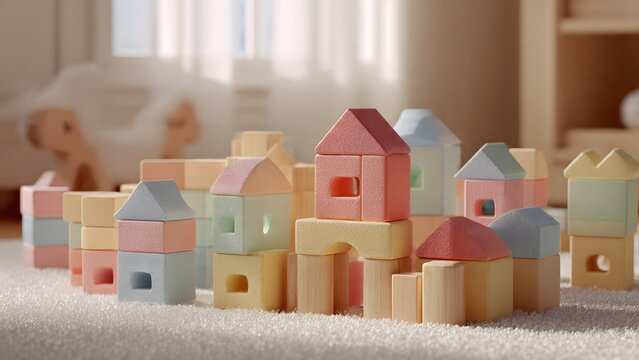 Little girl playing with toy house on the floor with colorful blocks around a small home model