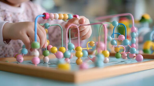 Little girl playing with colorful toys on the floor with abacus and sweets around