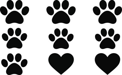 Fototapeta premium Animal paw print icon set with heart shaped pads featuring dog and cat tracks flat vector illustration isolated,