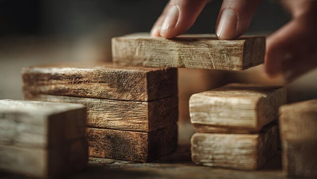 Old Wooden Blocks Stack in Vintage Workshop