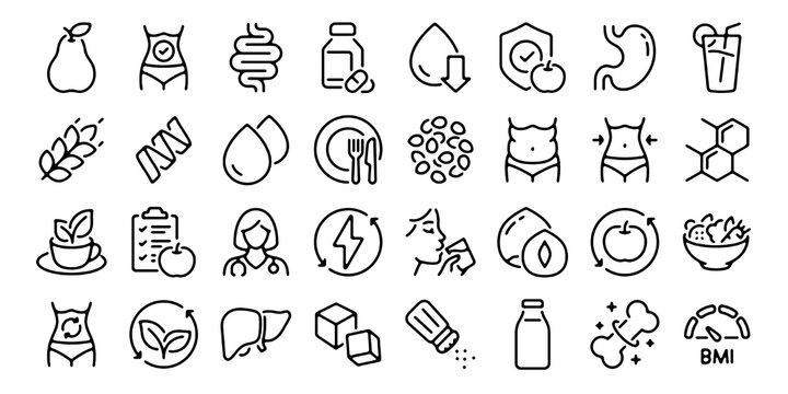Sports supplements and fitness nutrition. Nutrition, detox, healthy and organic, food, weight loss, diet and metabolism. Editable stroke line icons set isolated on transparent background.