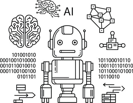 Conceptual illustration of artificial intelligence with robot brains and binary code symbols representing technology advancement
